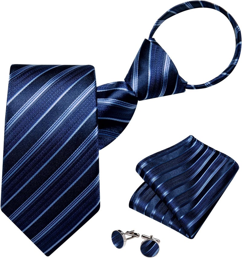 DiBanGu Silk Zipper Ties for Men,Paisley Solid Plaid Pre-tied Tie and Pocket Square Cufflinks Set Formal Adjustable Necktie - Image 1